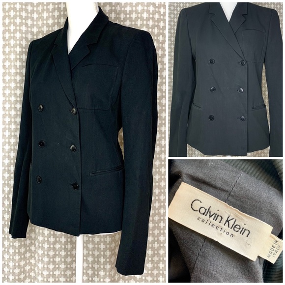 Calvin Klein Collection Jackets & Blazers - CALVIN KLEIN COLLECTION Black Double Breasted Blazer Jacket Coat Collar Size 6